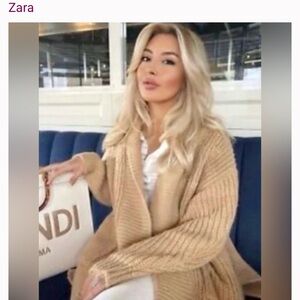 ZARA Chunky Knit Oversized Open Cardigan in Light Camel Patch Pockets Size S